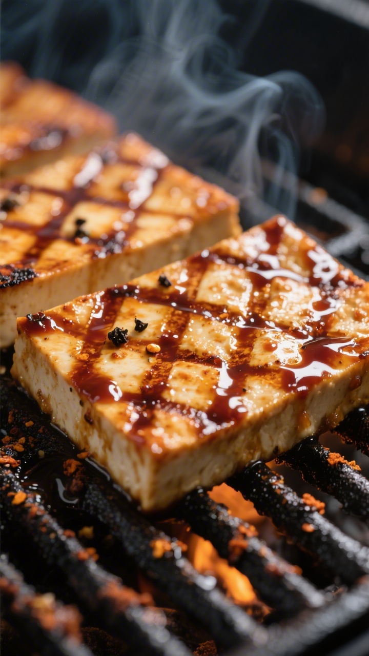 Close-up detail: Glazed BBQ tofu on the grill, 1/2-inch slabs with deep cross-hatch grill marks, lac