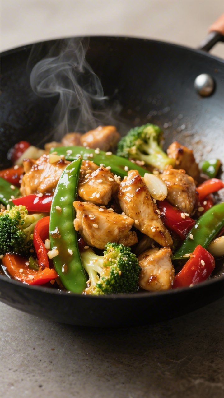 Close-up detail: Glossy chicken and broccoli stir fry sizzling in a carbon steel wok, bite-size chic