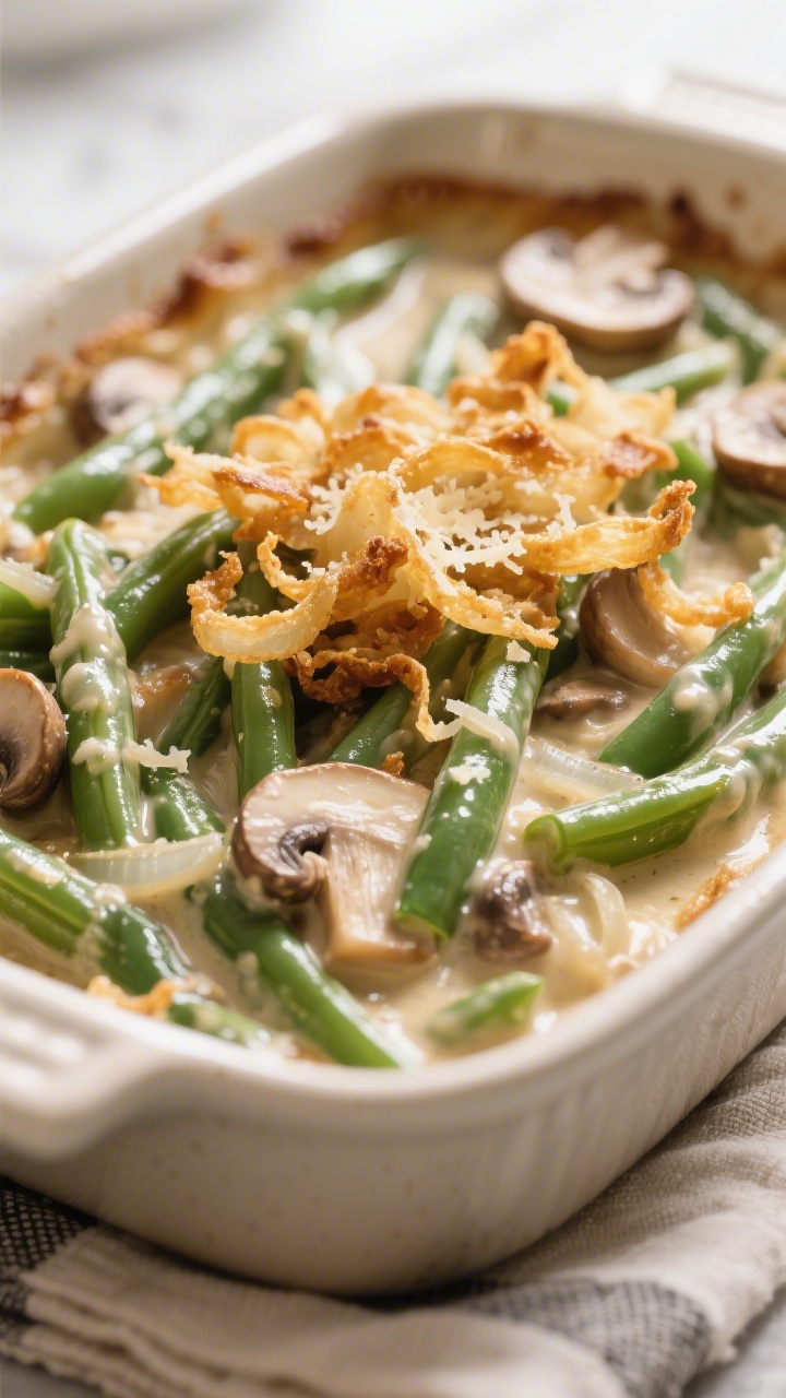Close-up detail: Glossy green bean casserole just out of the oven, bubbling creamy mushroom-onion sa