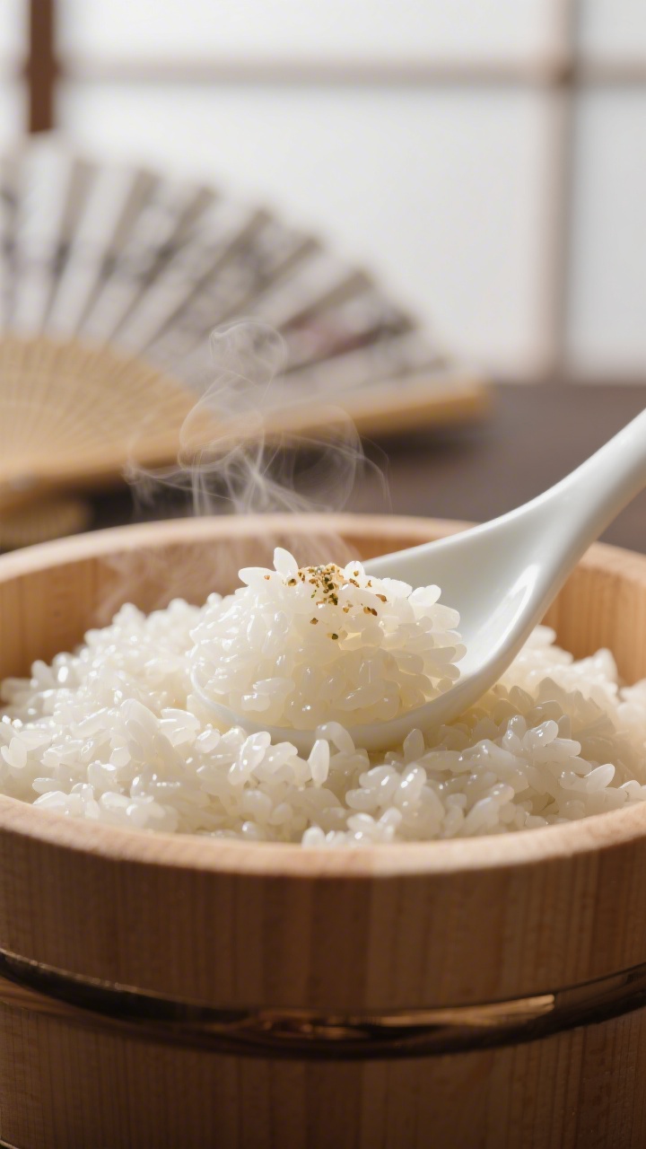 Close-up detail: Glossy, perfectly cooked sushi rice being gently folded in a shallow wooden hangiri