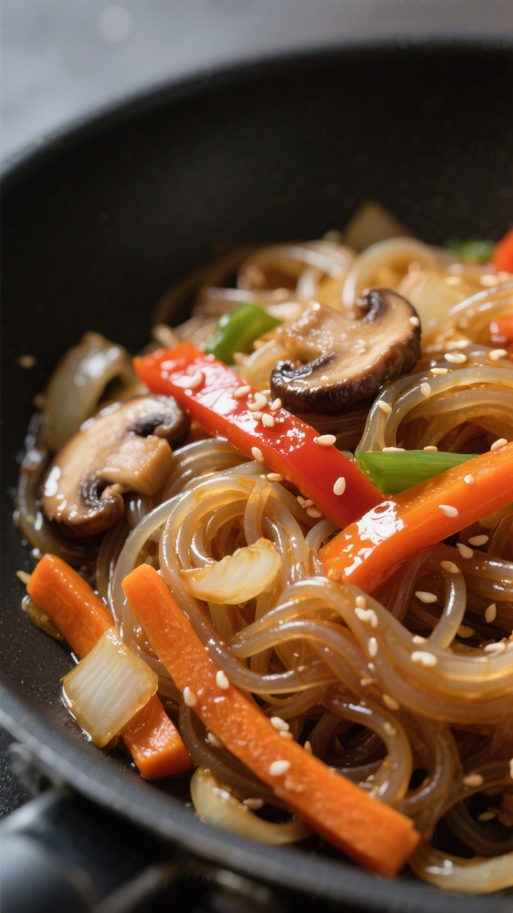 Close-up detail: Glossy sweet potato glass noodles tossed with sautéed onions, shiitake mushrooms,