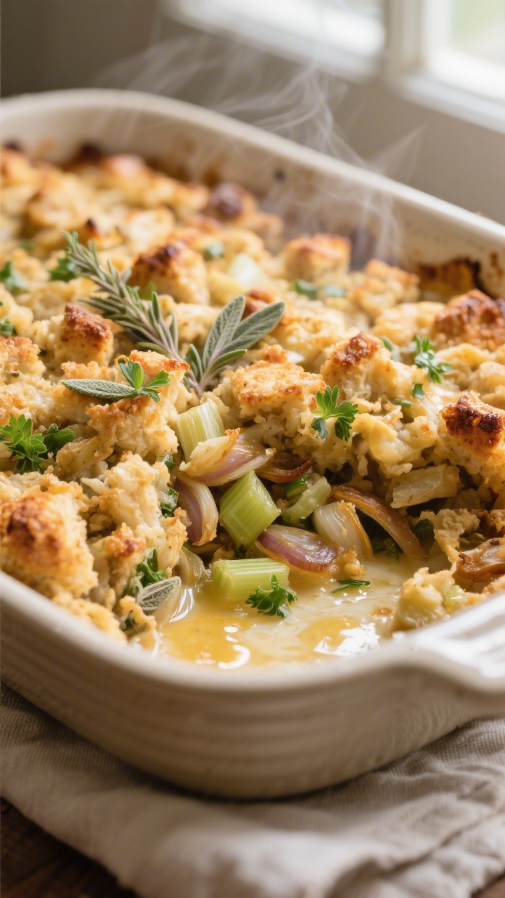 Close-up detail: Golden, baked vegan stuffing just out of the oven, showing crisp, craggy top and te