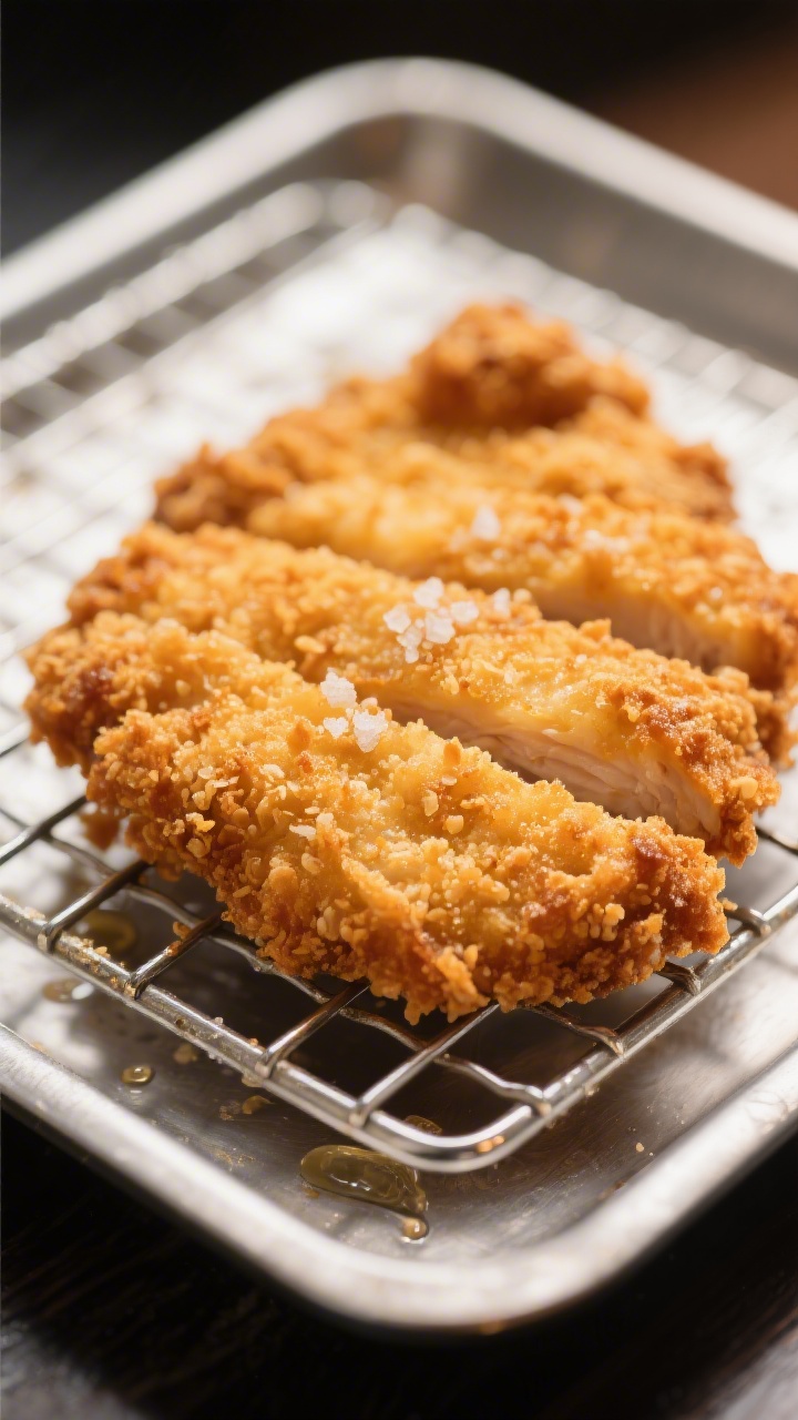 Close-up detail: Golden-brown chicken katsu just out of the oil resting on a wire rack, ultra-crisp