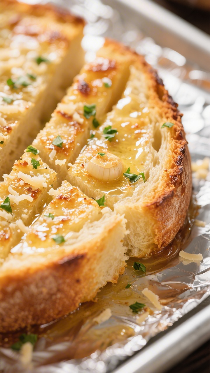 Close-up detail: Golden-brown garlic bread just out of the broiler, showing crisp, caramelized edges