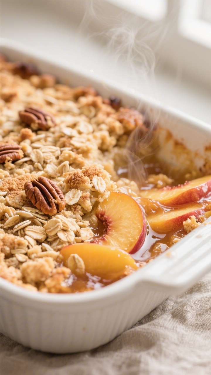 Close-up detail: Golden-brown peach crisp fresh from the oven with bubbling jammy peach juices peeki