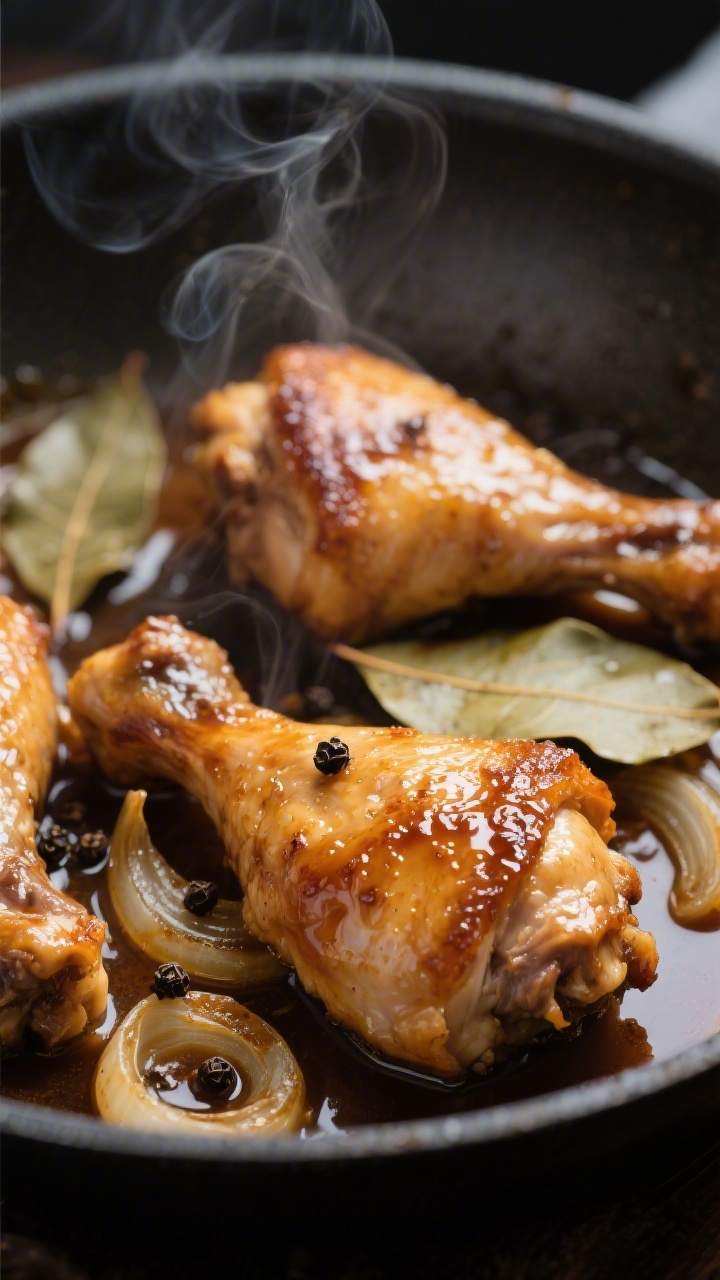 Close-up detail: Golden-browned chicken thighs skin-side up in a shallow pan, glistening with a glos
