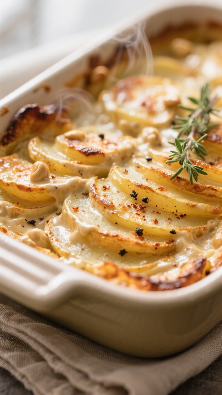 Close-up detail: Golden-bubbly vegan scalloped potatoes just out of the oven, edges caramelized and 