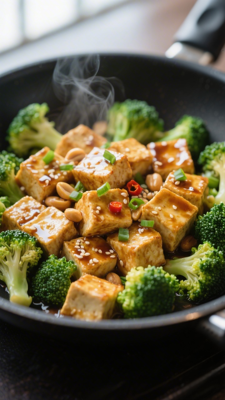 Close-up detail: Golden-crisp peanut tofu with glossy peanut-soy-garlic sauce clinging to the cubes,