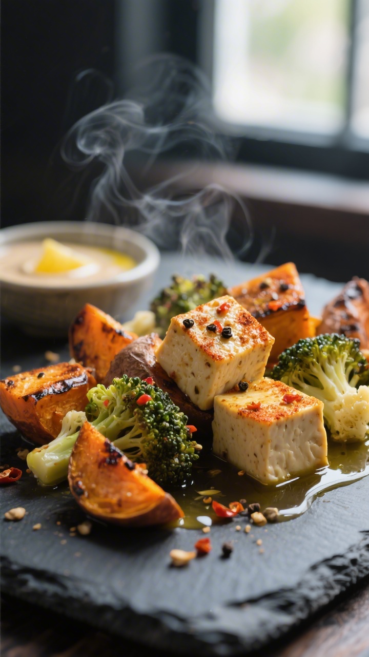 Close-up detail: Golden-edged smoked-paprika tofu cubes and cumin-roasted sweet potatoes with charre