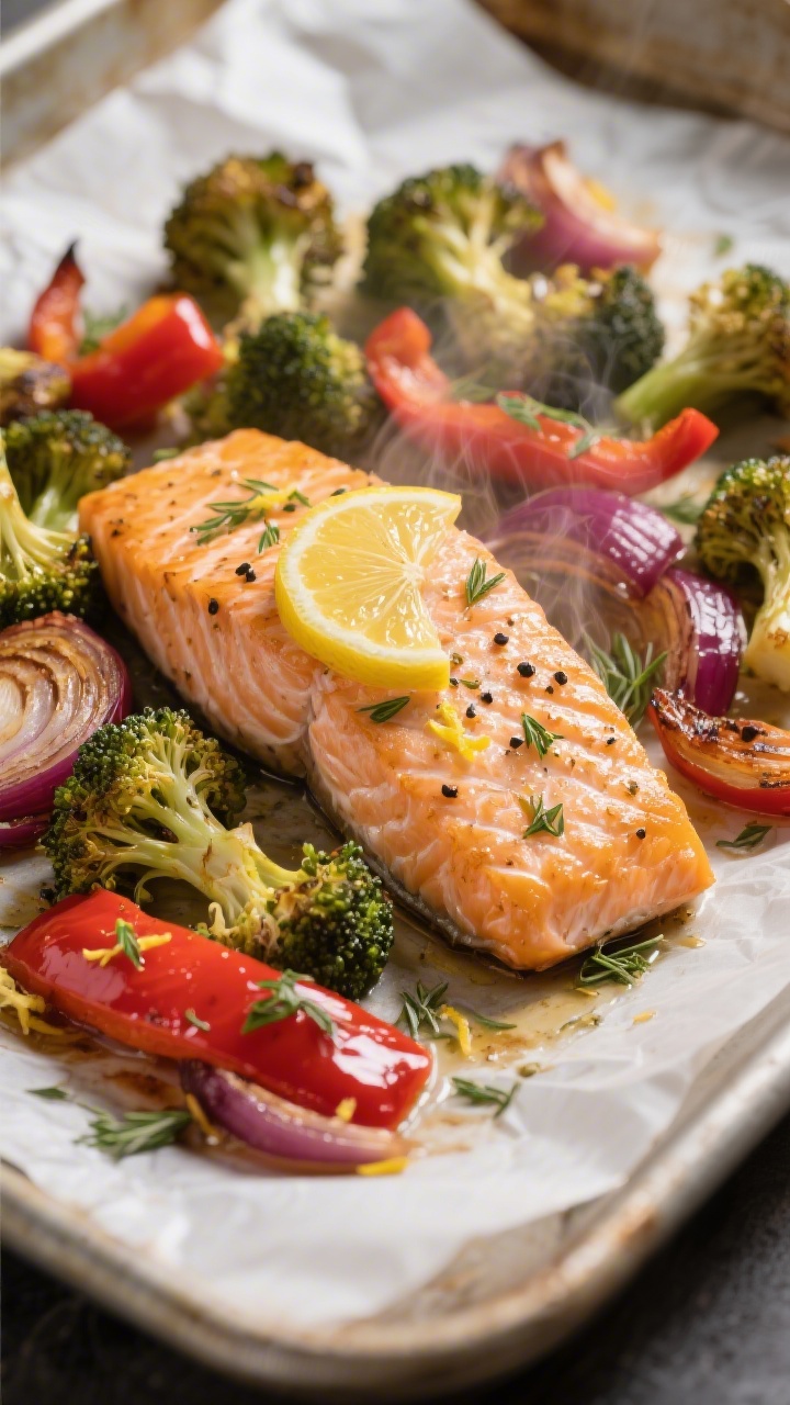Close-up detail: Golden, flaky lemon herb salmon just out of the oven, nestled among roasted broccol