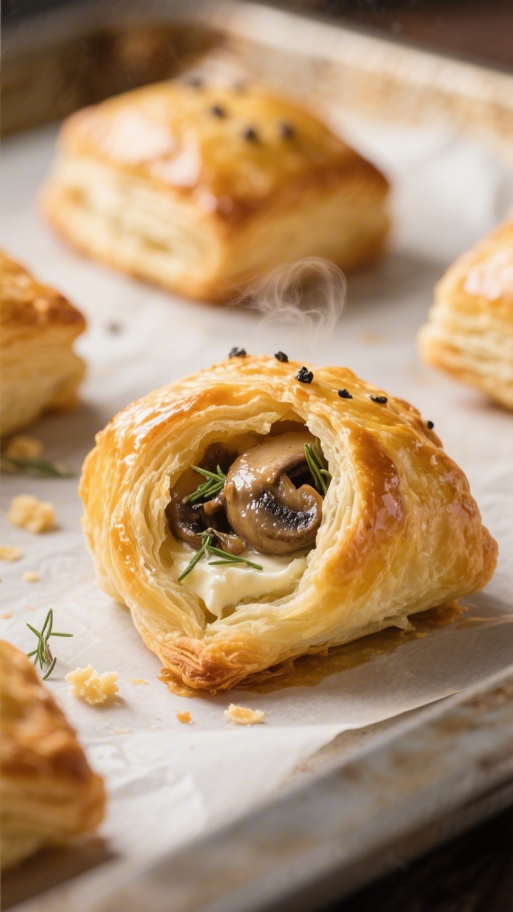 Close-up detail: Golden, freshly baked mini mushroom puff pastry parcels just out of the oven, one s