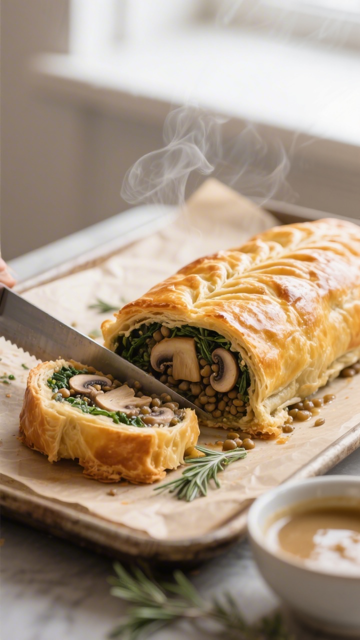 Close-up detail: Golden, freshly baked mushroom-lentil wellington just after resting, slice being cu