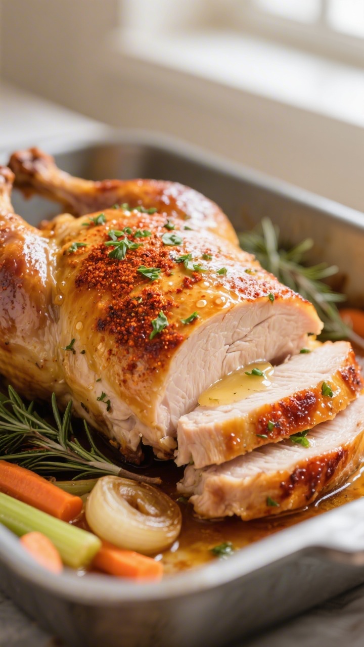Close-up detail: Golden roast turkey breast just out of the oven, skin deeply crisp with blistered p