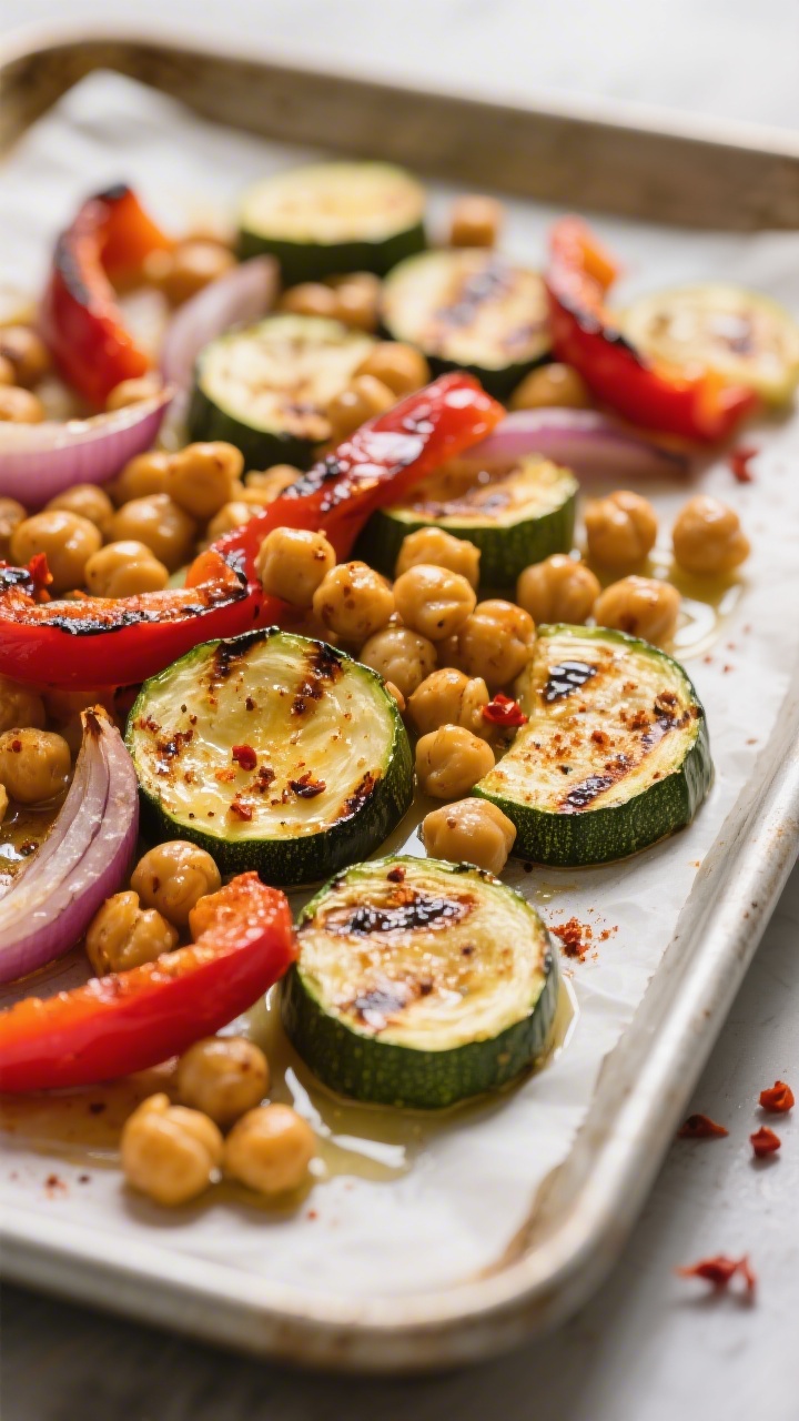 Close-up detail: Golden roasted chickpeas and charred zucchini half-moons on a sheet pan, glistening