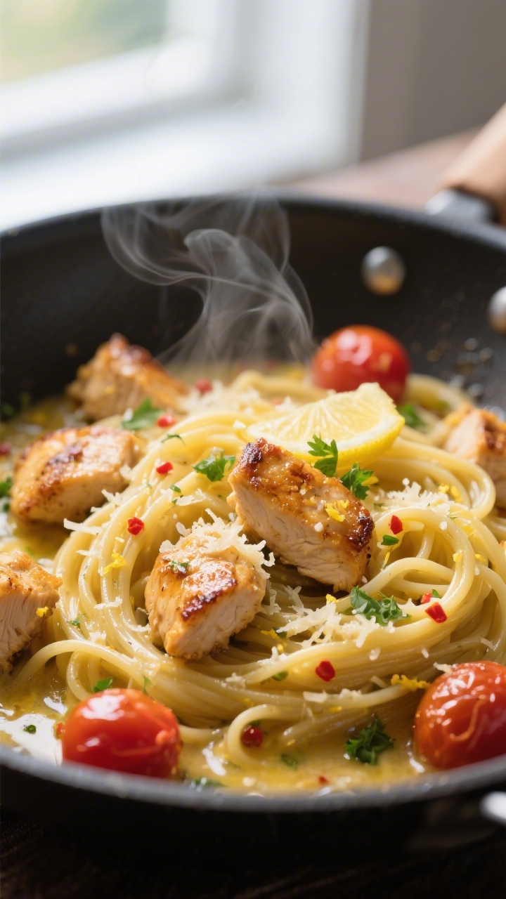Close-up detail: Golden seared chicken bites tossed with glossy linguine in a lemon-garlic butter sa