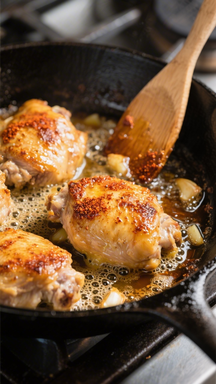 Close-up detail: Golden-seared chicken thighs in a black cast-iron skillet, glistening with foamy me