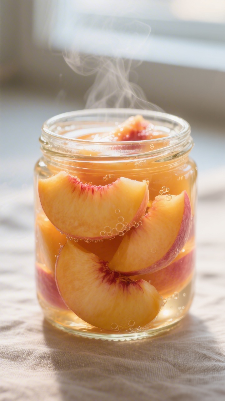 Close-up detail: Hot-packed peach wedges just ladled into a sterilized glass jar, gleaming in a ligh