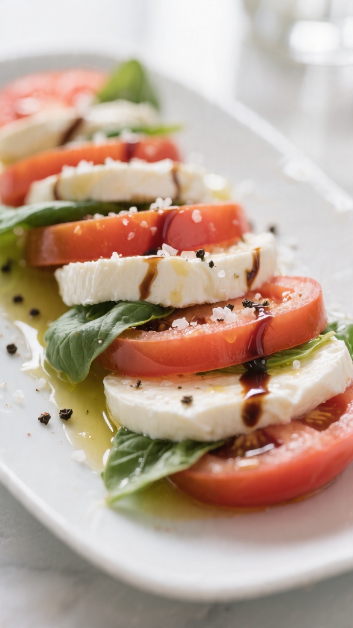 Close-up detail: Juicy Caprese salad layers already assembled on a platter—overlapping 1/4-inch sl
