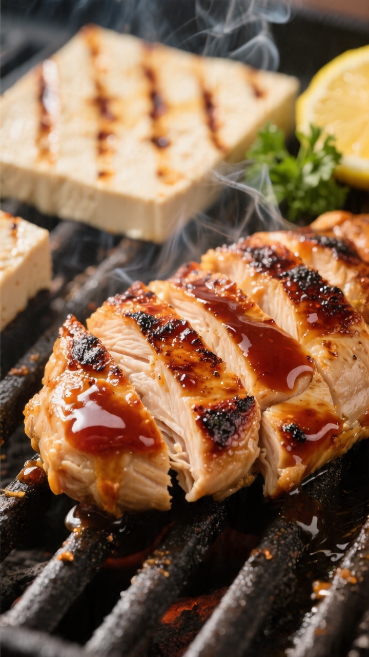 Close-up detail: Juicy grilled chicken thighs brushed with glossy BBQ sauce in the last minute on th