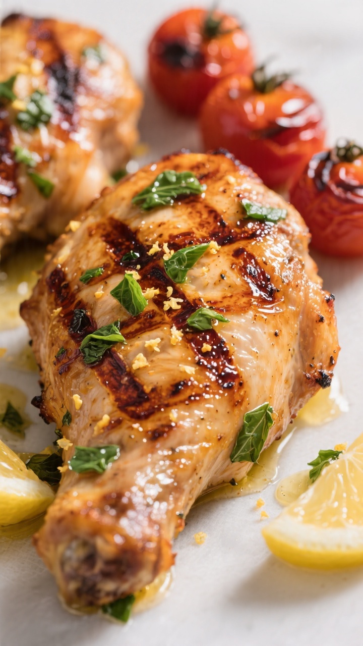 Close-up detail: Juicy lemon-basil grilled chicken thighs fresh off the grill, deep golden grill mar