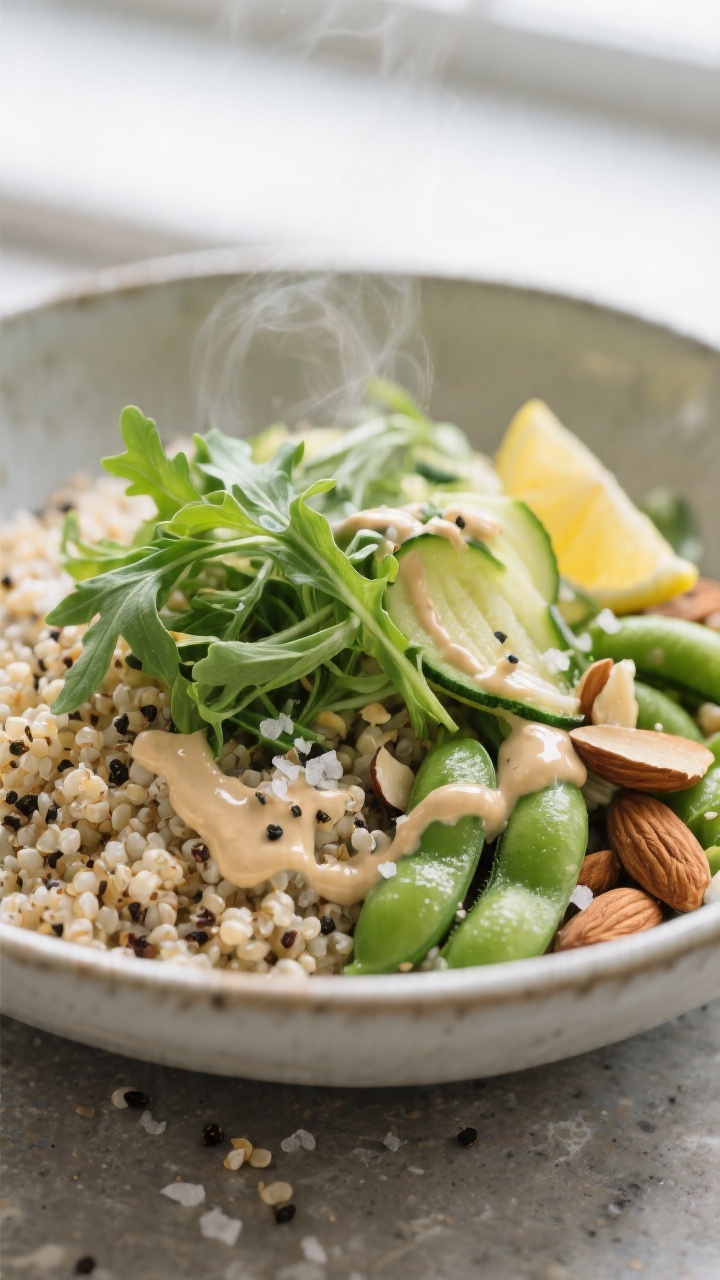 Close-up detail: Lemon–tahini quinoa bowl, cooked quinoa fluffed and steaming lightly, topped with