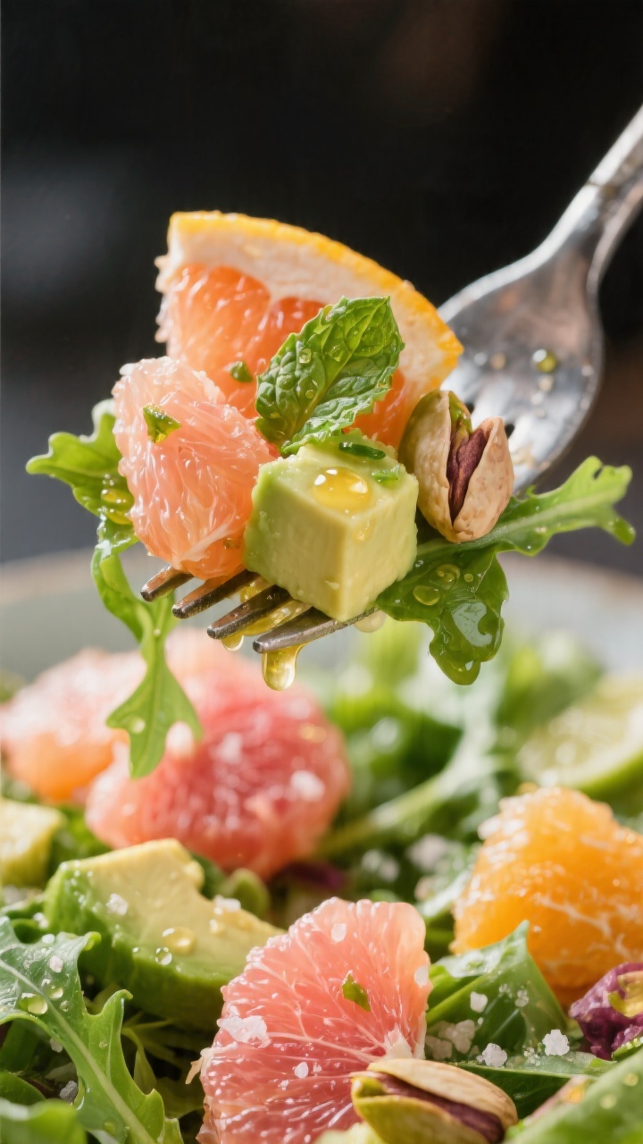 Close-up detail: Macro shot of a forkful lifted from the finished citrus salad, showing juicy orange