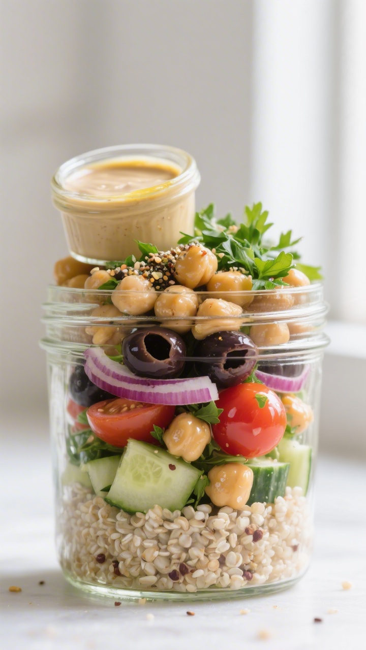 Close-up detail: Mediterranean Chickpea Jar salad layers packed in a clear mason jar—fluffy quinoa