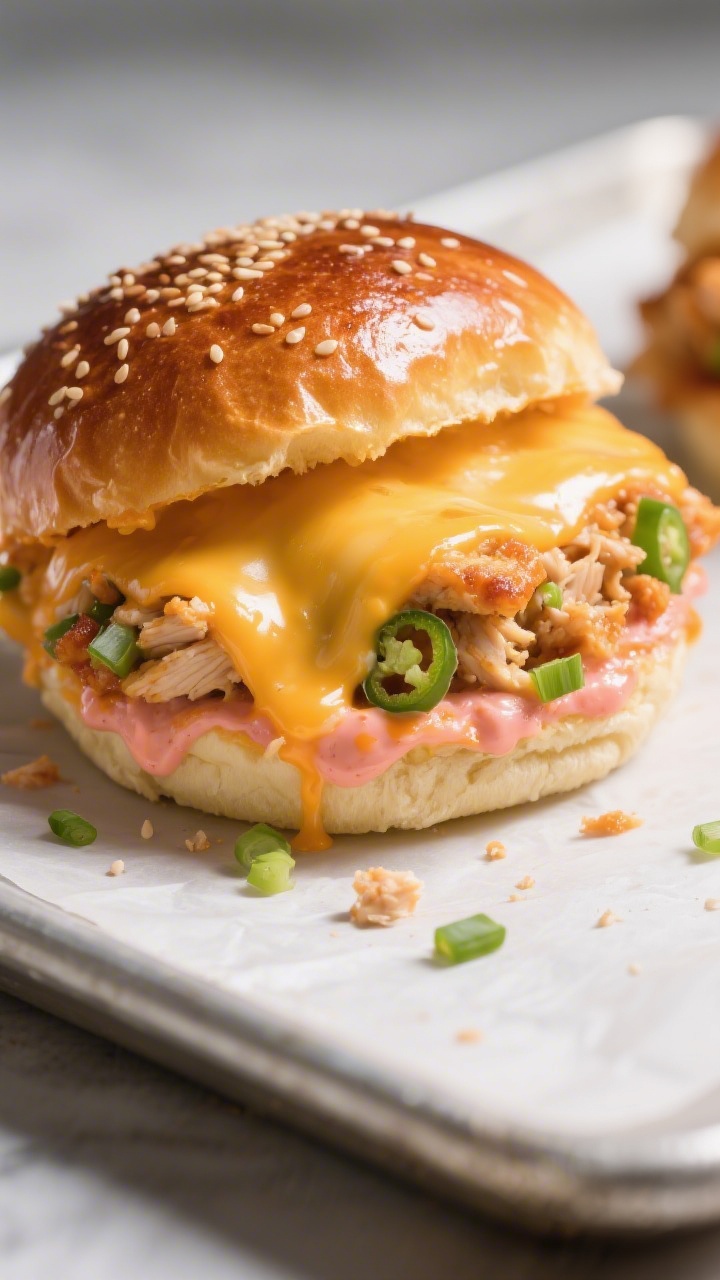 Close-up detail: Melty, golden-broiled Cheesy Dynamite Chicken Bun just out of the oven, cheese bubb