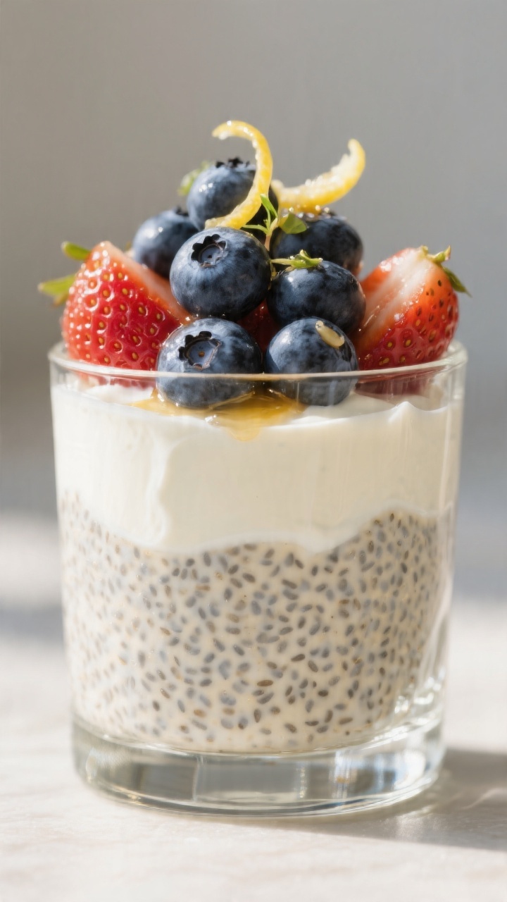 Close-up detail of 4th of July Chia Pudding parfait layers in a clear rocks glass: bottom layer of s