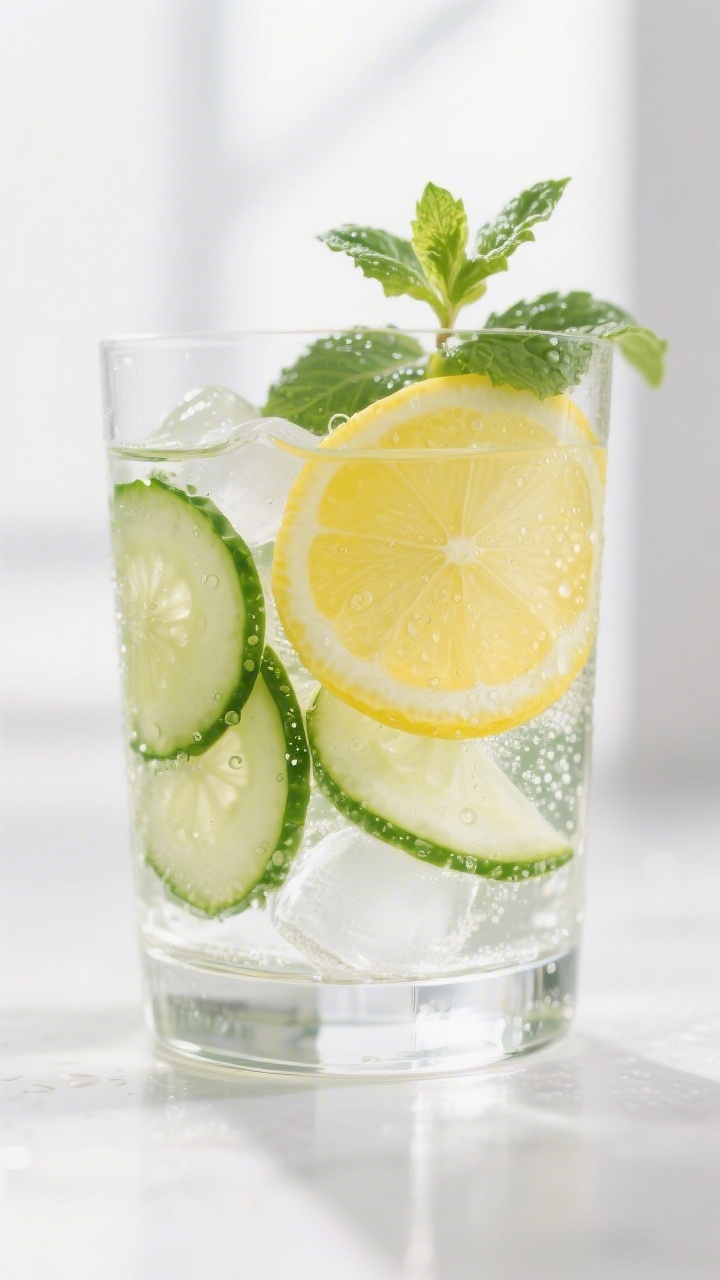 Close-up detail of a chilled “Classic Detox” infused water in a clear glass: thin lemon wheels a