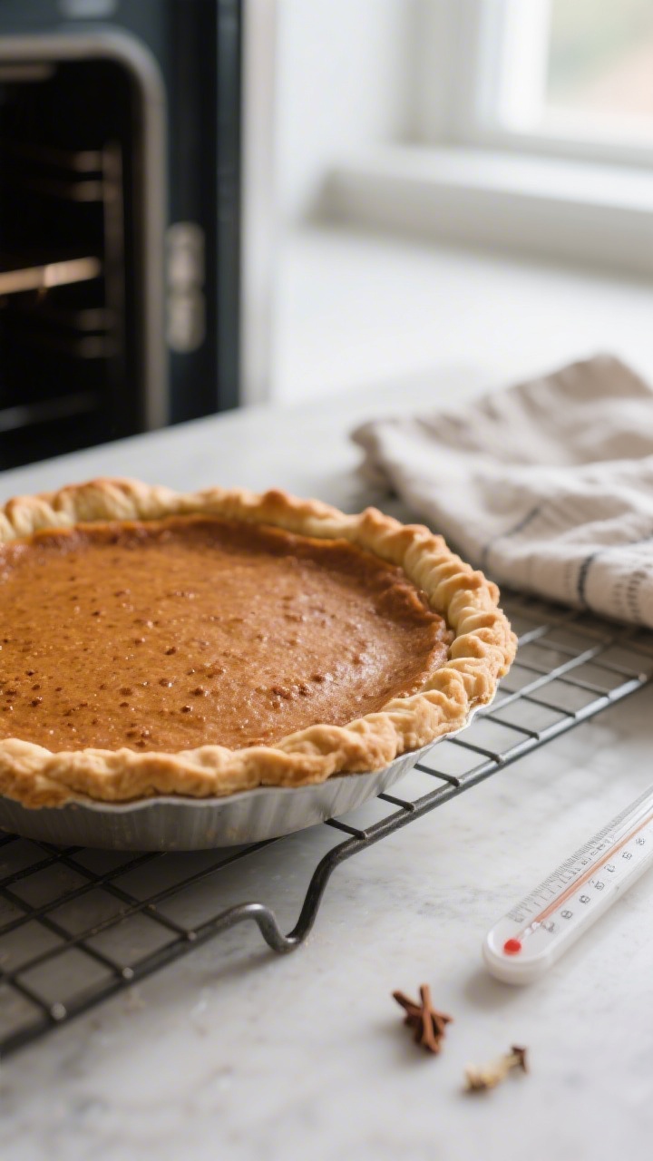 Close-up detail of a freshly baked vegan pumpkin pie just out of the oven, edges set and slightly pu