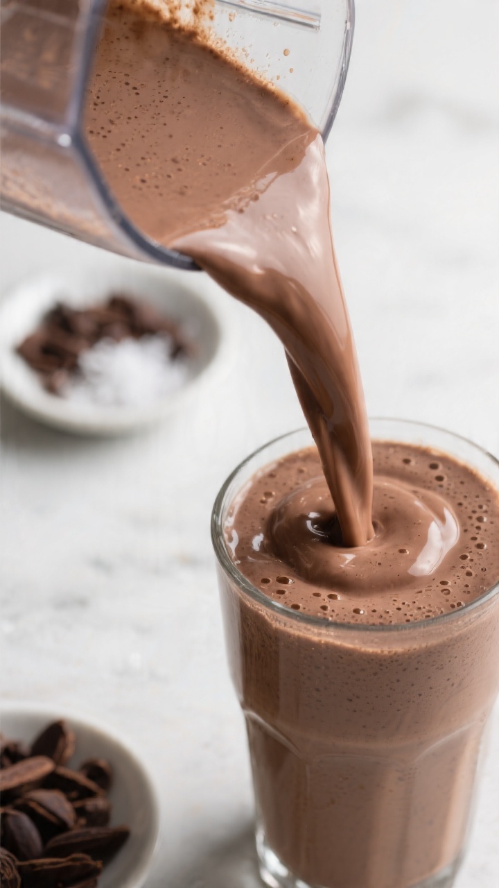Close-up detail of a freshly blended Chocolate Peanut Butter Keto Smoothie being poured from a blend