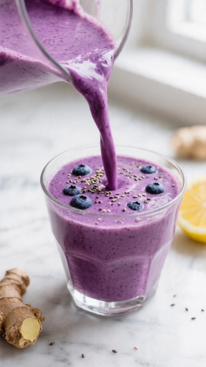 Close-up detail of a freshly blended Purple Power Immunity Smoothie being poured in a silky ribbon i