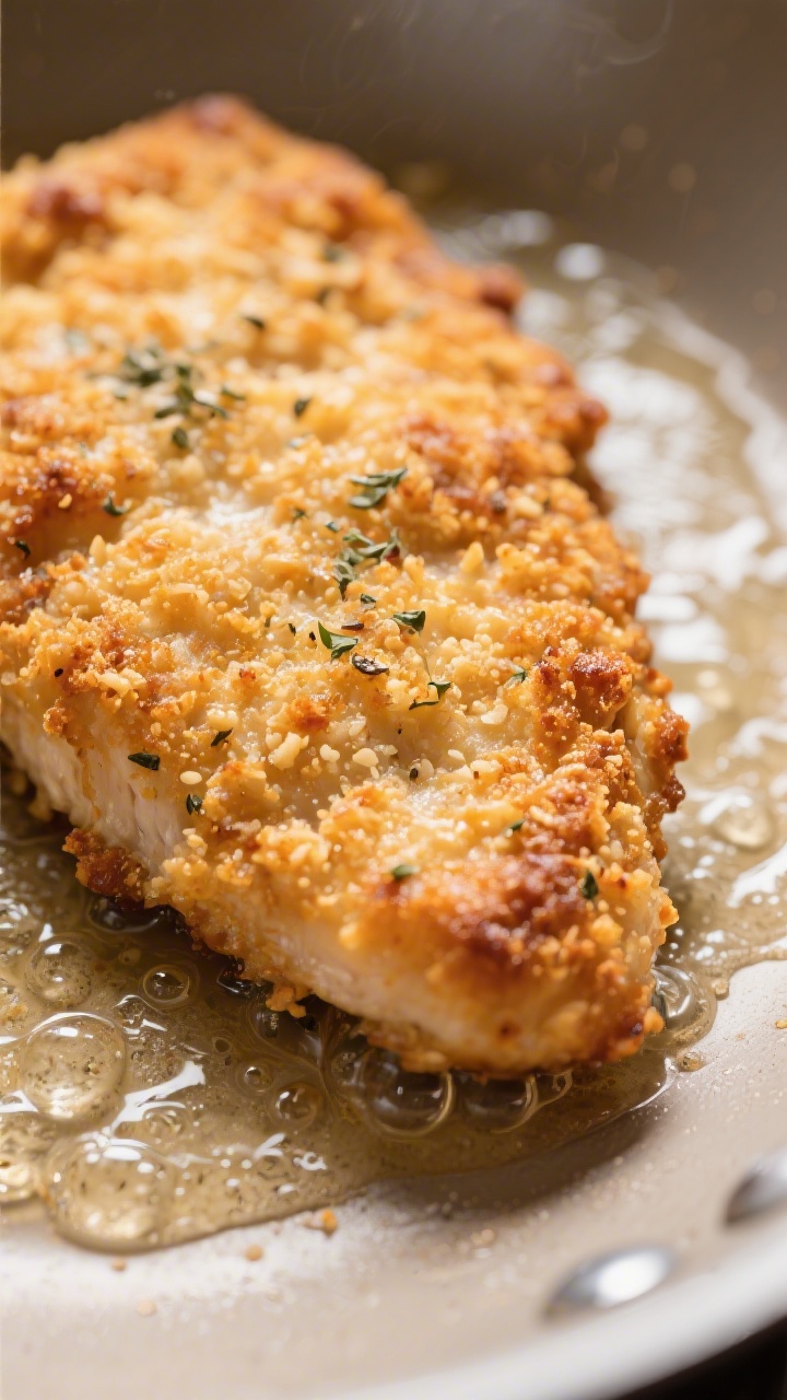 Close-up detail of a freshly pan-fried chicken Parmesan cutlet just after searing: ultra-crisp, deep