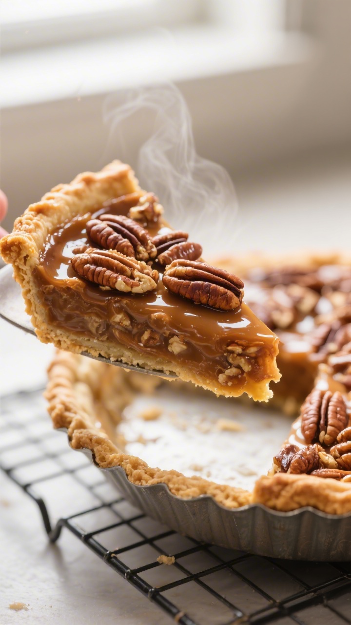Close-up detail of a just-baked pecan pie slice being lifted from the pan, showing glossy, custardy
