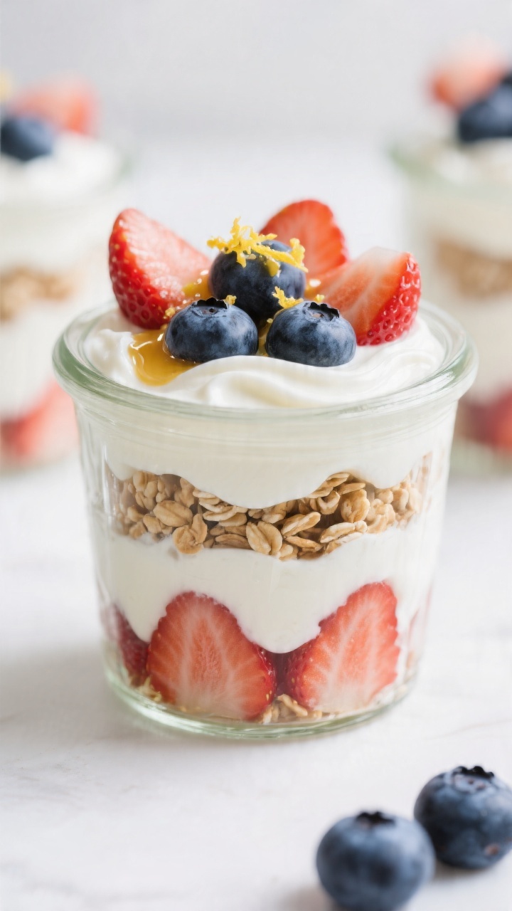 Close-up detail of Berry Yogurt Parfaits fully assembled in clear glass jars: visible layers of thic