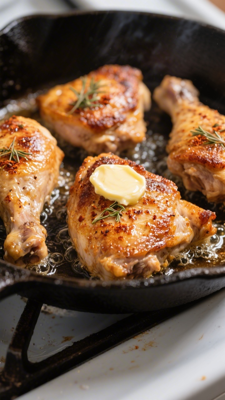 Close-up detail of crispy chicken thigh skin sizzling in a cast-iron skillet during the cold-pan sta