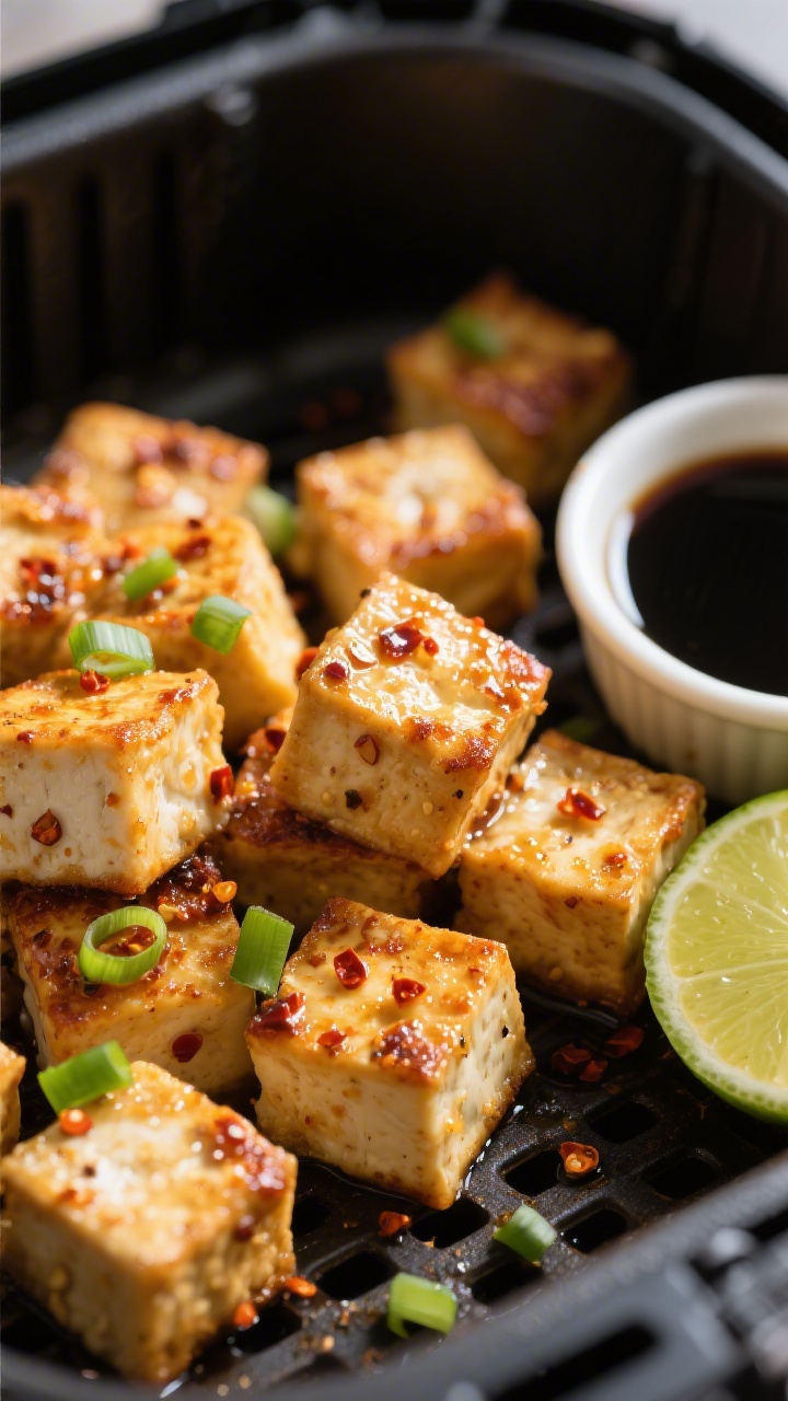 Close-up detail of golden Tofu Bites just out of the air fryer: extra-firm tofu cubes with deeply ca