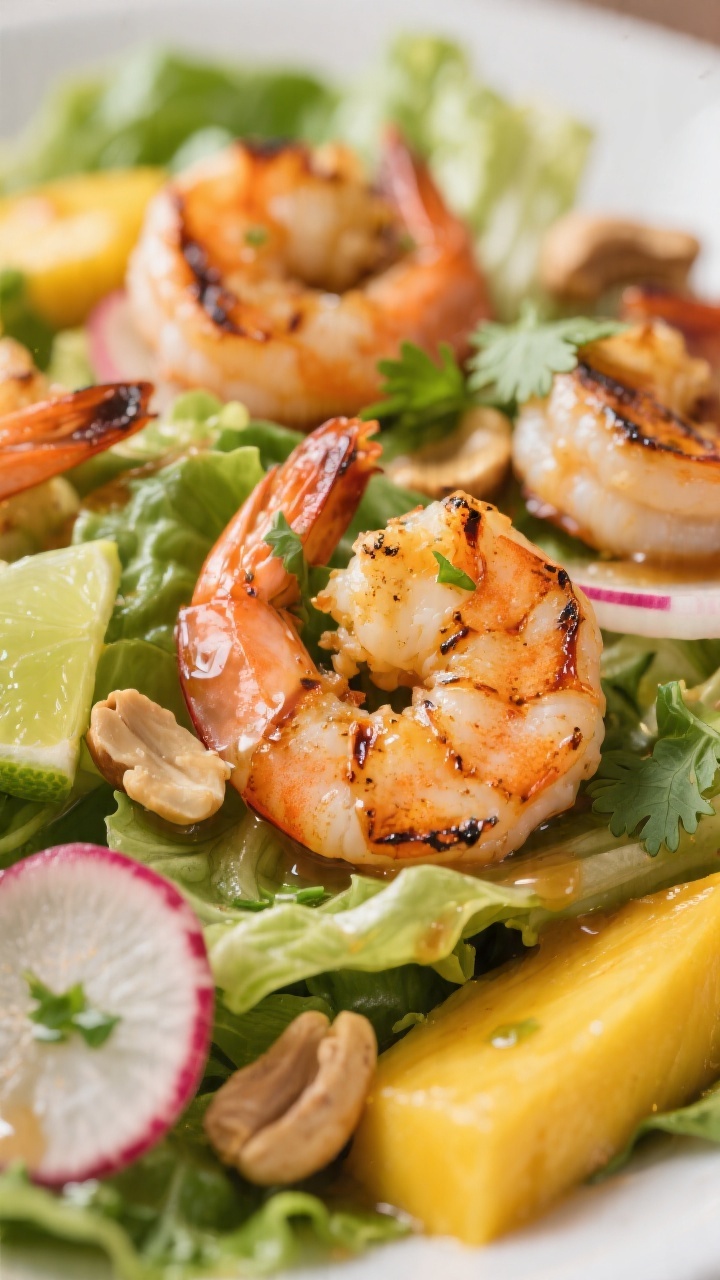 Close-up detail of grilled shrimp and mango salad just after tossing: butter lettuce leaves coated w