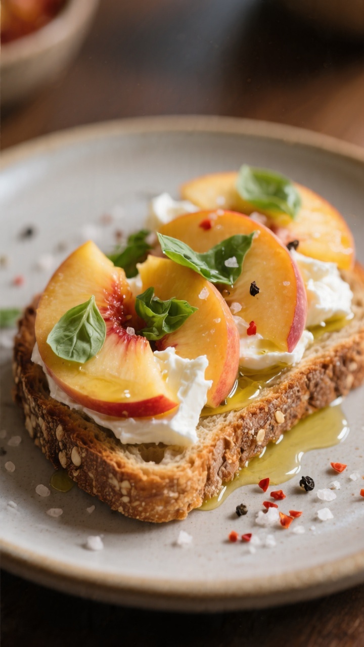 Close-up detail of Peach Caprese Toast just assembled: crisp whole-grain toast topped with juicy pea