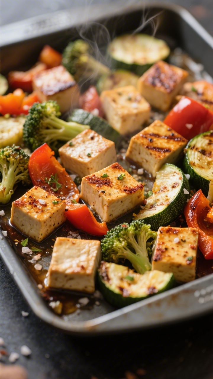 Close-up detail of sheet-pan tofu and veggies fresh from the oven: extra-firm tofu cubes roasted to 