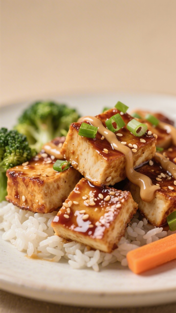Close-up detail of soy-ginger glazed tofu from Week 3 resting on jasmine rice with steamed broccoli 