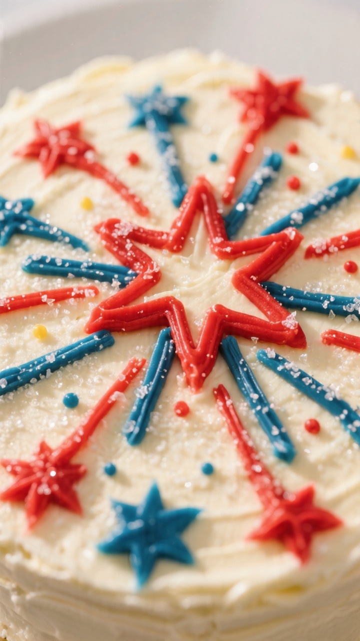 Close-up detail of the Fireworks Burst design: creamy vanilla buttercream surface with piping of viv