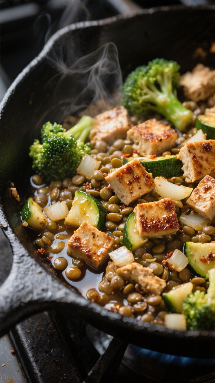 Close-up detail of the Tempeh Lentil Skillet mid-cook: crumbled tempeh browning with diced onion, ga