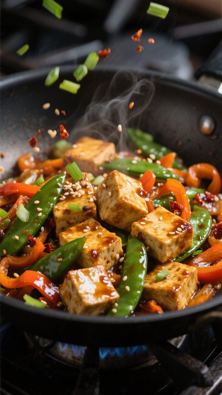 Close-up detail of Tofu Veggie Stir-Fry in the pan mid-toss: golden, crisp-edged tofu cubes glisteni