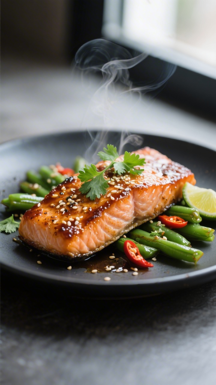 Close-up detail: Pan-seared salmon with a glossy miso-ginger glaze, flecks of toasted sesame, and mi