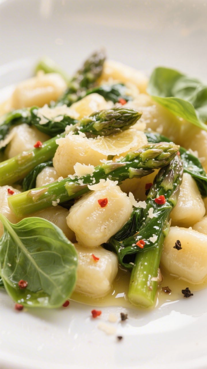 Close-up detail: Pillowy potato gnocchi tossed with wilted baby spinach and crisp-tender asparagus s