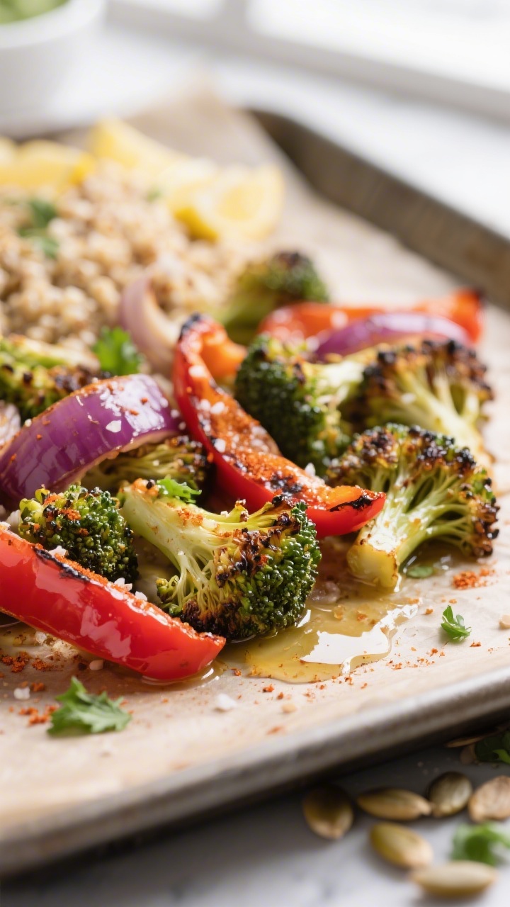 Close-up detail: Roasted broccoli, bell peppers, and red onion fresh from the oven for the Lemon-Tah