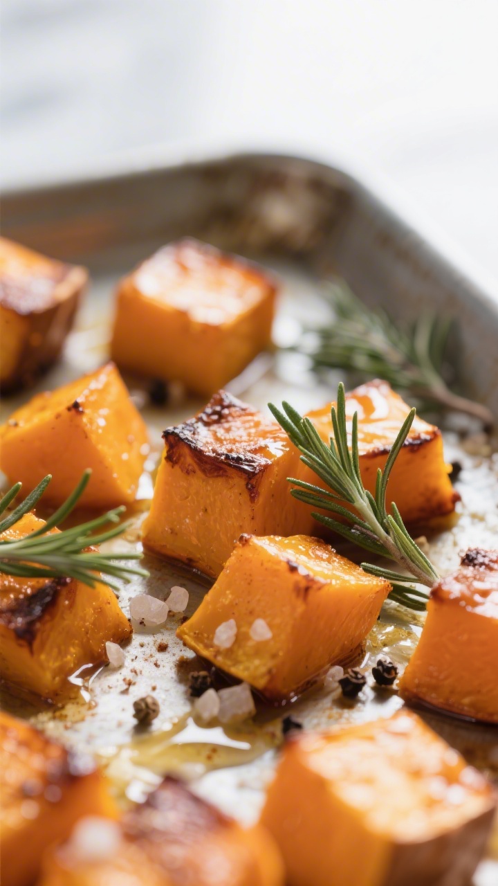 Close-up detail: Roasted butternut squash cubes glistening with olive oil and maple syrup, carameliz