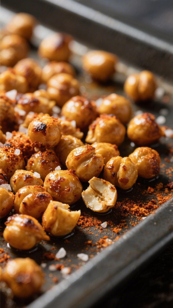 Close-up detail: Roasted Chickpea Crunch just out of the oven, golden-brown chickpeas with blistered